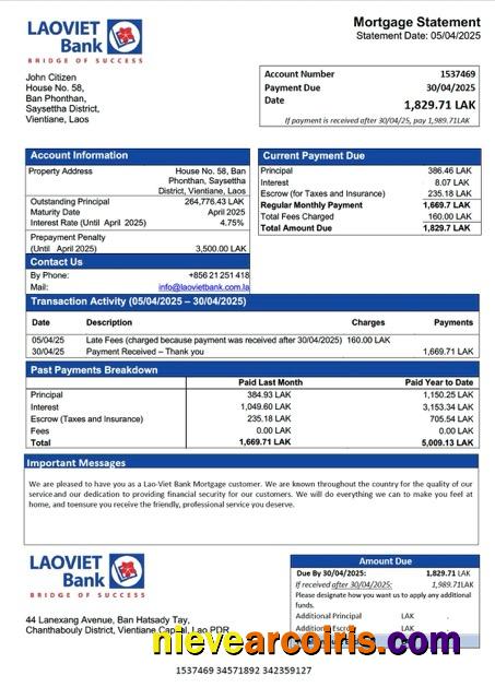 Laos Lao-Viet Bank mortgage statement Word and PDF template
